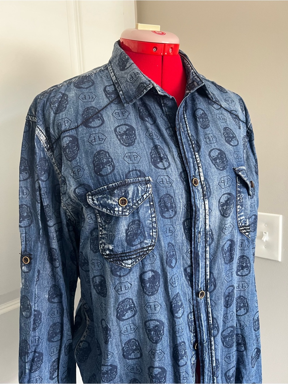 Philipp Plein Blue Denim Skull-Print Jacket